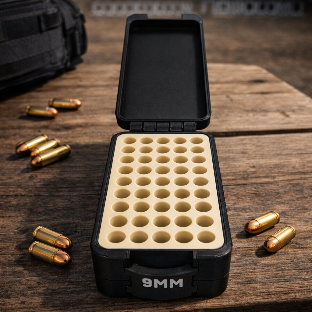 50 Round 9mm Ammo Box | 3D Printed Storage Case | Tactical Range Organizer